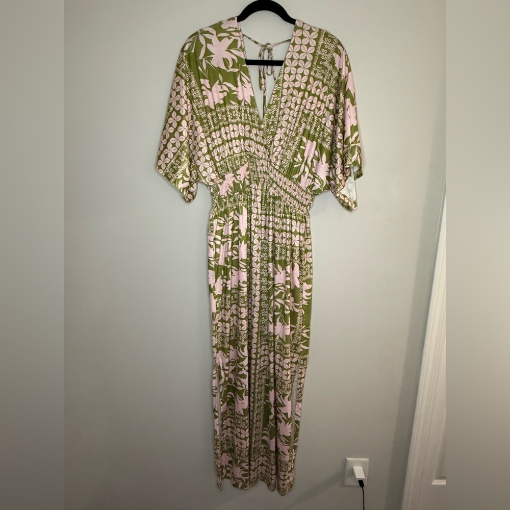Green Pink Boho Maxi Dress V Neck Kimono Sleeve Smocked Waist Festival Vacation